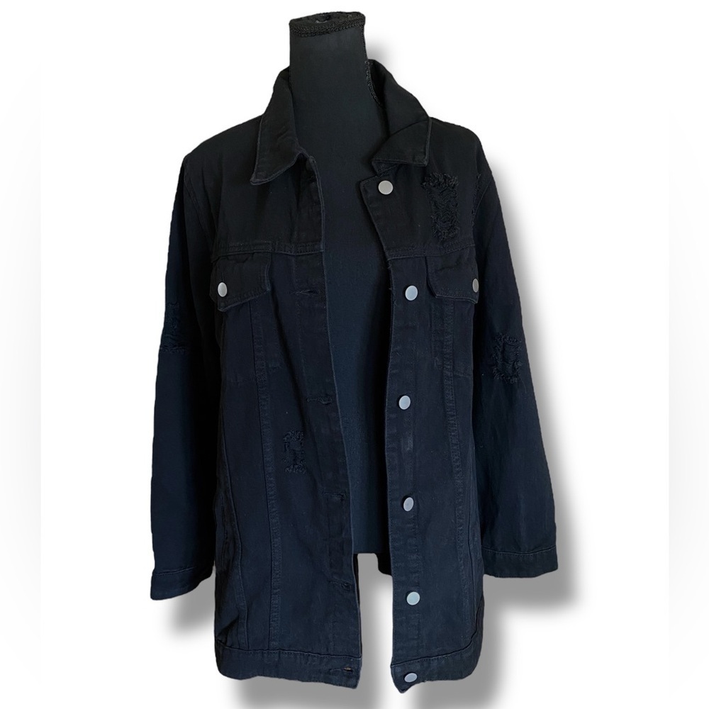 Oversized Black Denim Distressed Trucker Jacket  L